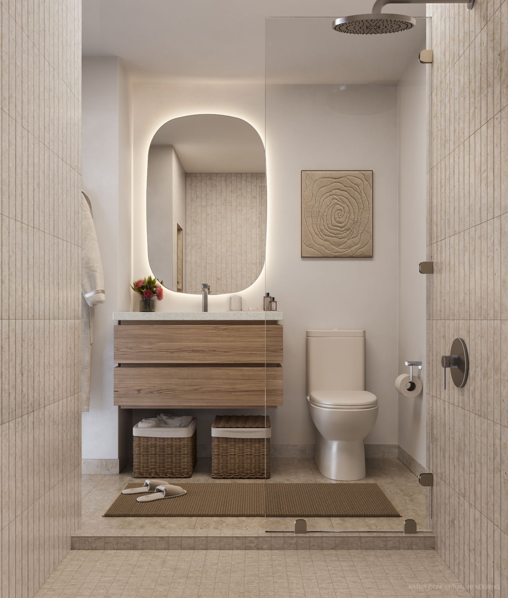 Baño de una residencia de House of Wellness Brickell en travertino, con espejo retroiluminado, mueble de madera y regadera tipo lluvia