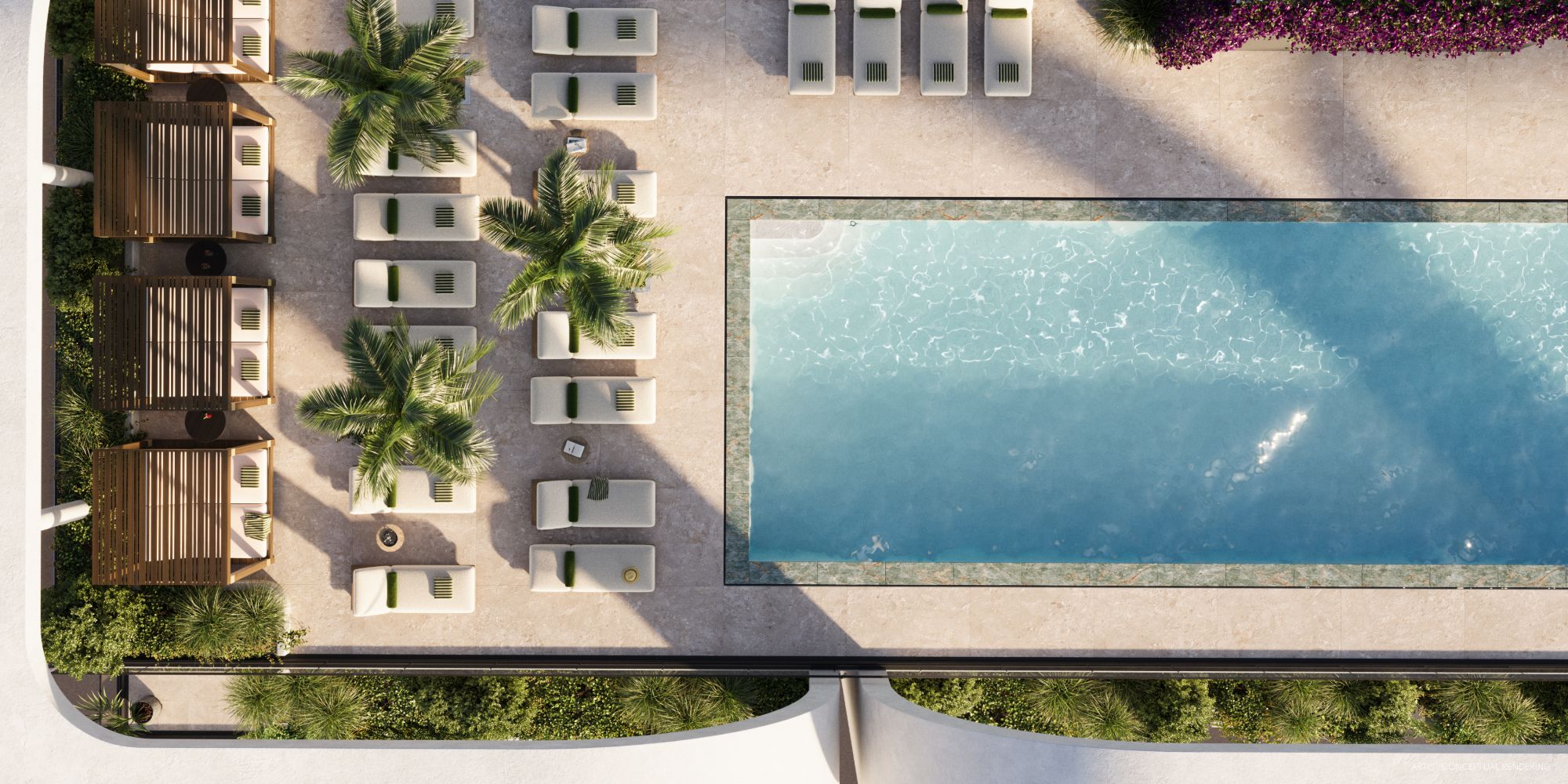 Vista aérea de la piscina de House of Wellness Brickell, con camastros, cabañas de madera y palmeras alrededor