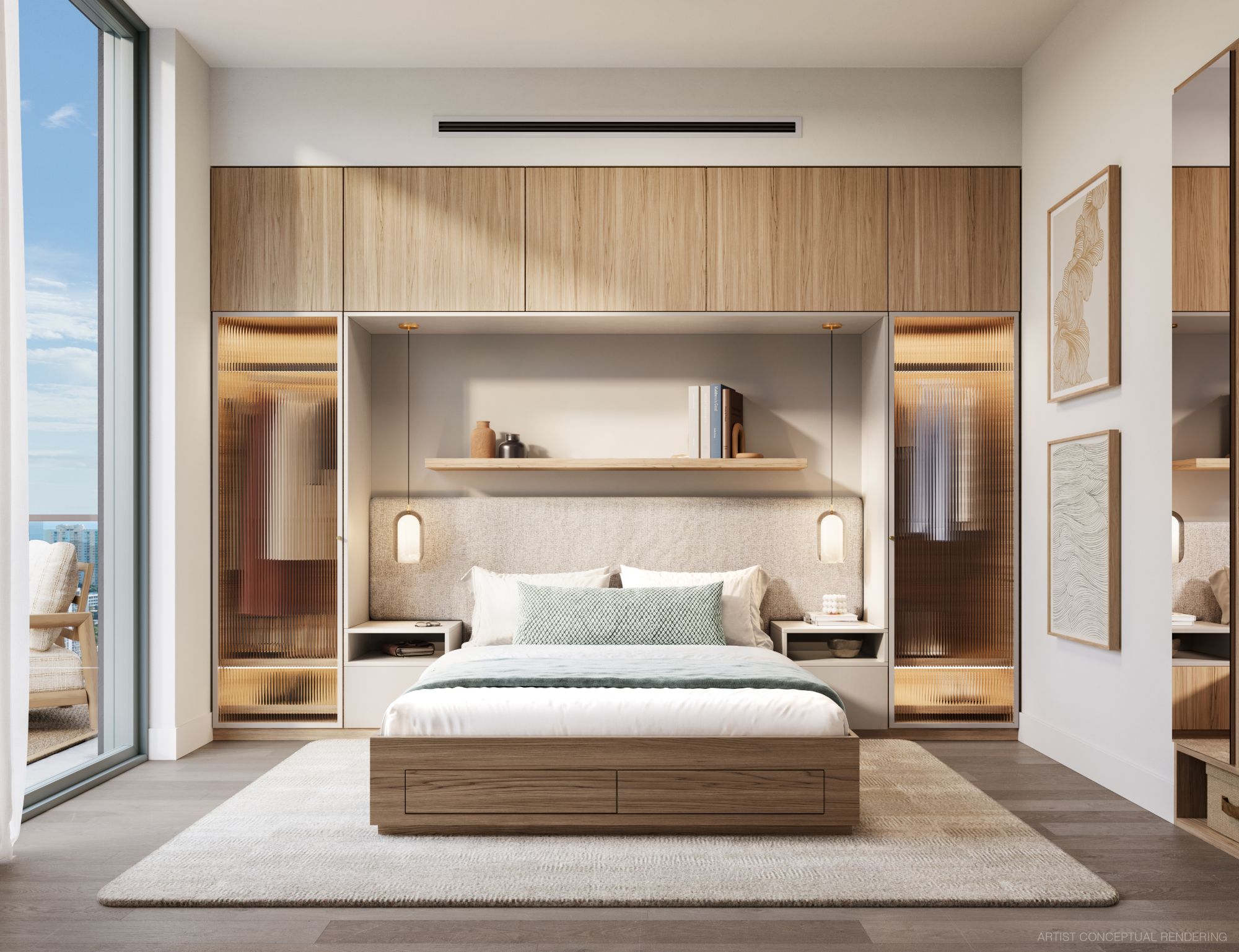 Recámara de House of Wellness Brickell con clósets de madera integrados de piso a techo, cabecera tapizada y salida al balcón