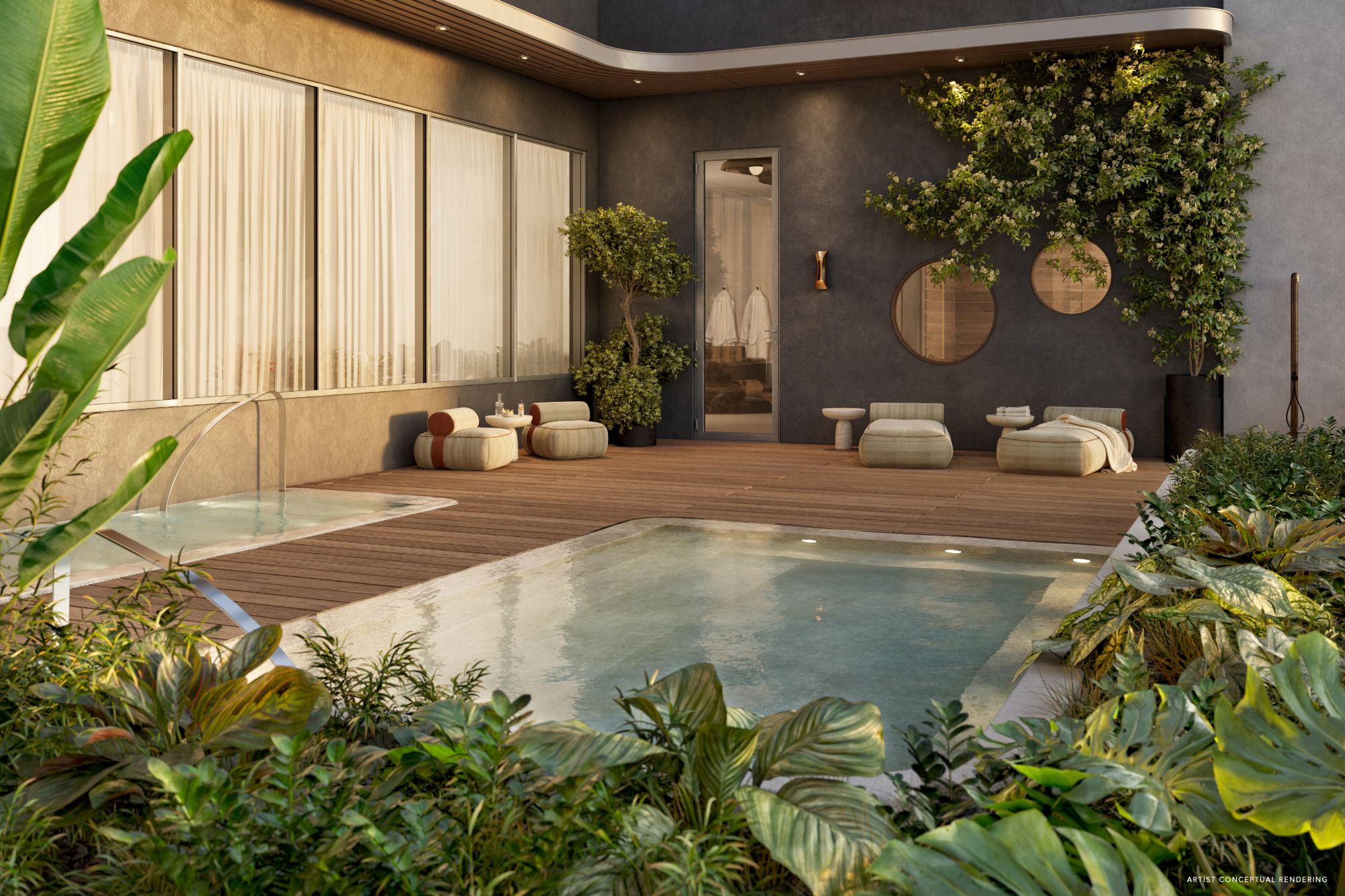 Terraza de spa de House of Wellness Brickell al atardecer, con piscina, jacuzzi, camastros y acceso al sauna