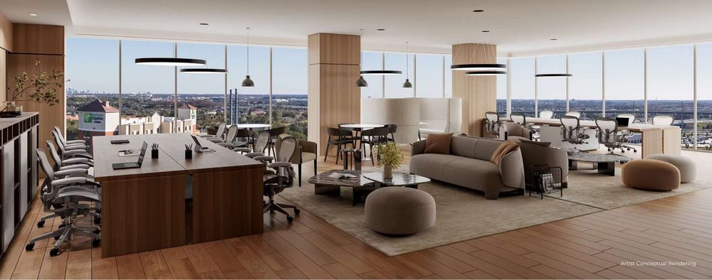 Área de coworking con vista a la ciudad