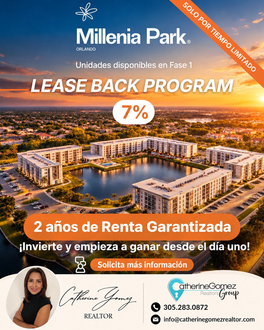 Flyer oficial de Millenia Park: programa lease-back 7% con dos años de renta garantizada