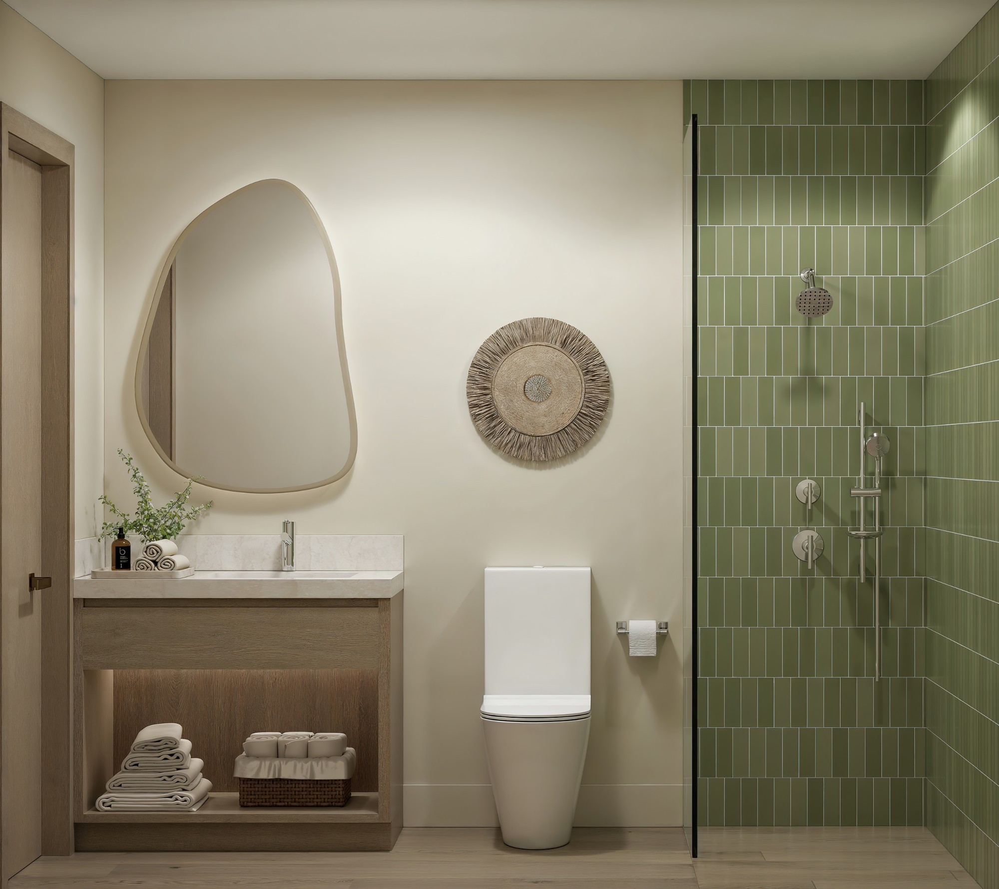 Baño de una residencia de Parkside con azulejo verde en la ducha, mueble de madera y espejo orgánico iluminado
