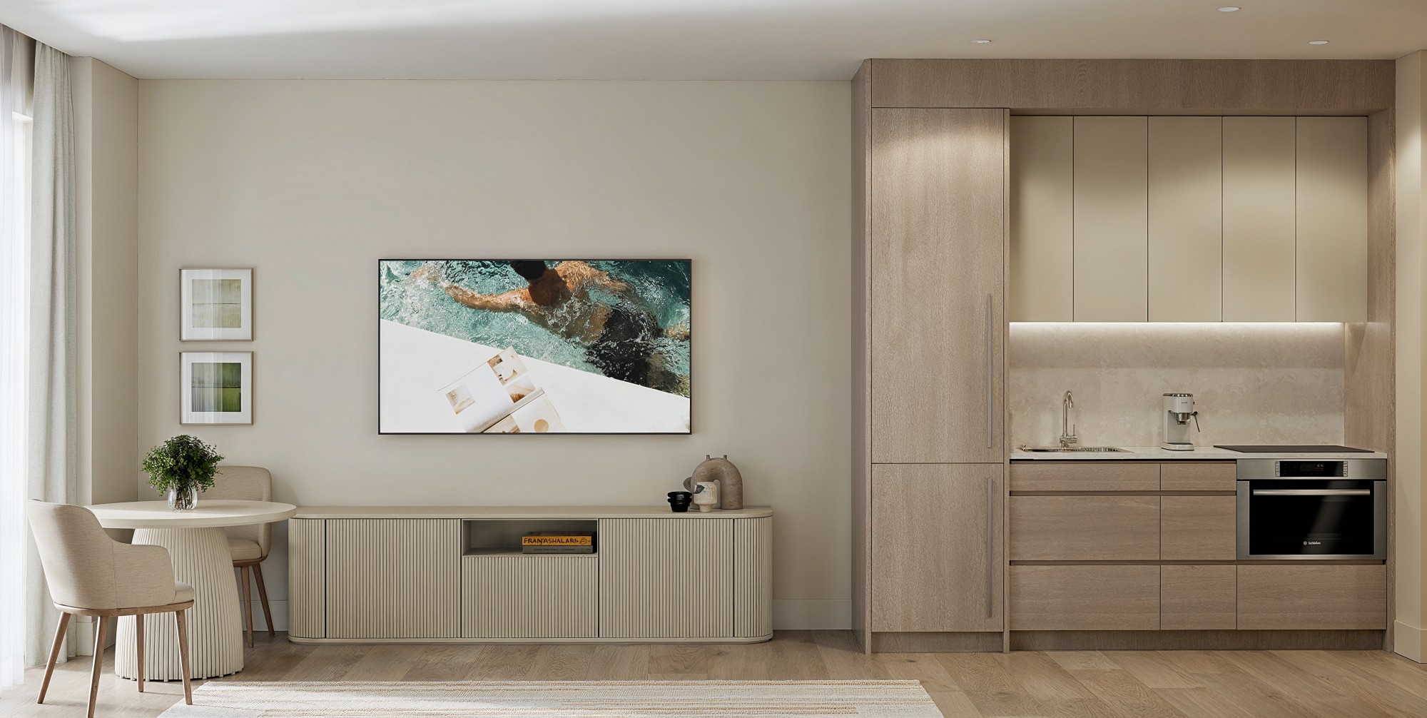 Cocina y sala de una residencia de Parkside con gabinetes de madera, encimera de cuarzo, horno integrado y televisor