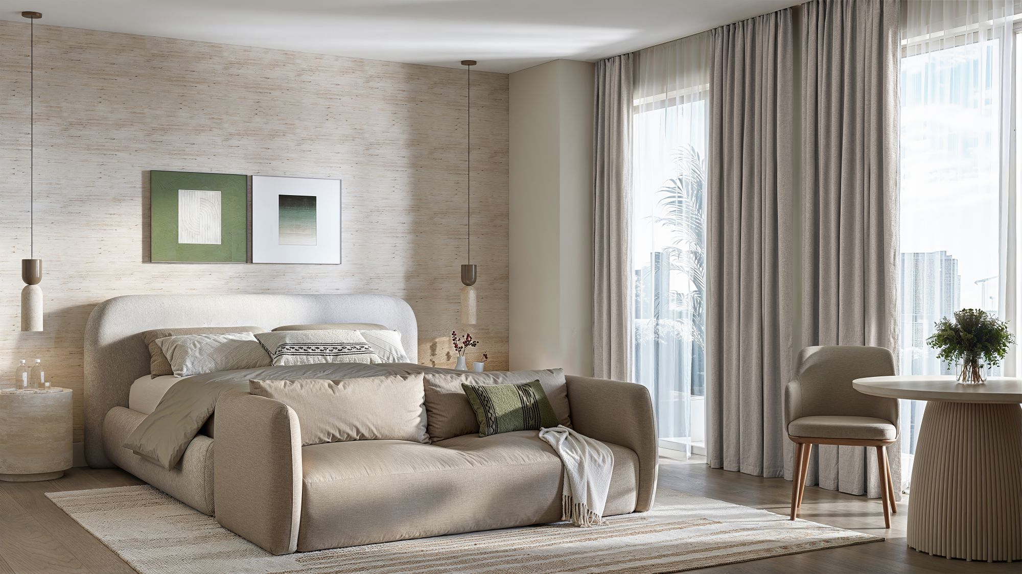 Estudio amueblado de Parkside con cama, sofá, comedor y ventanales de piso a techo con cortinas de lino