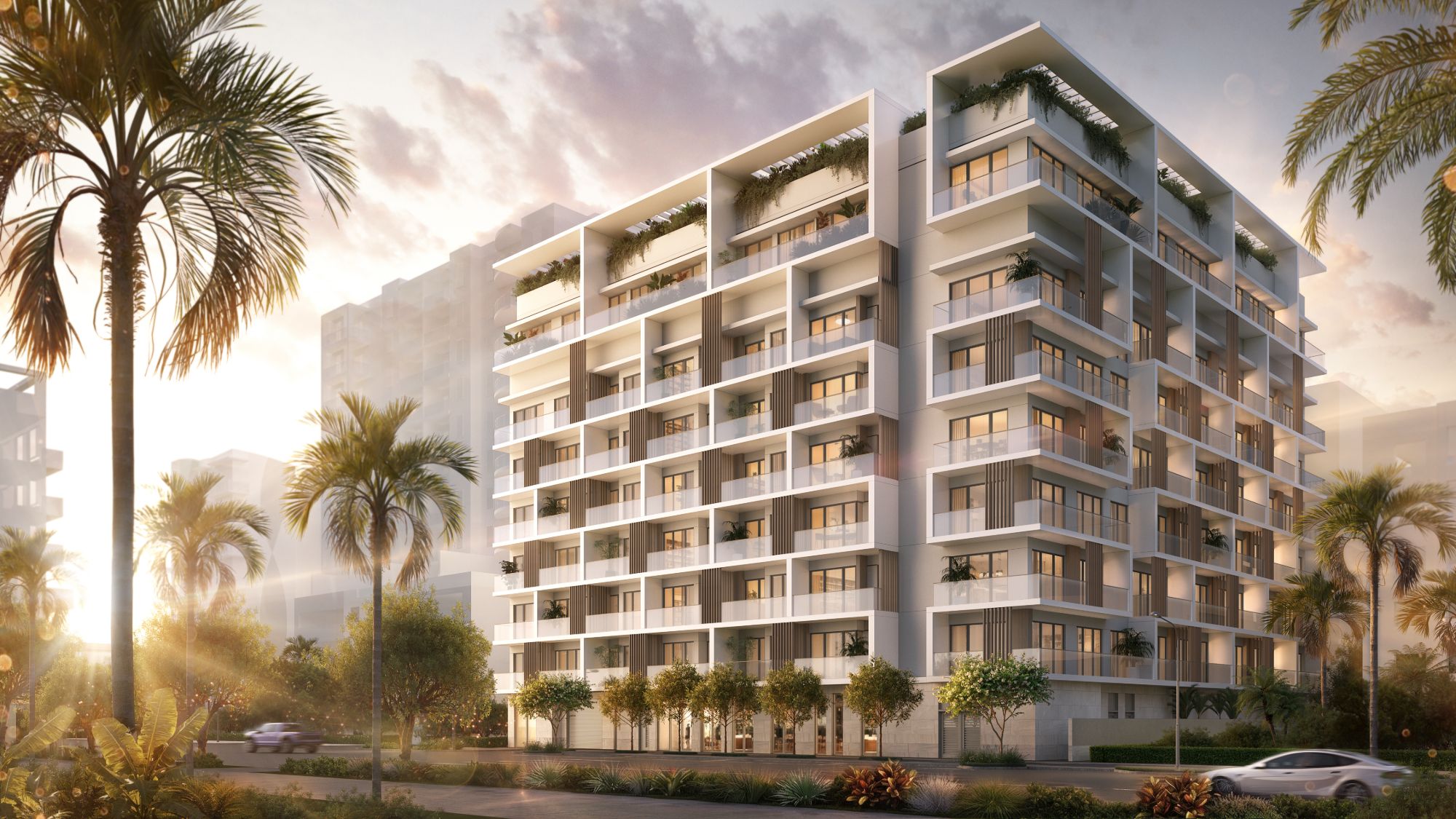 Parkside Residences at Brickell al atardecer, edificio boutique de 8 pisos frente a Simpson Park