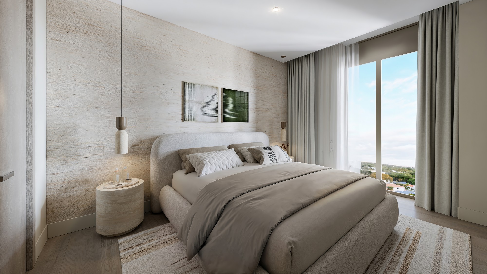 Habitación de una residencia de Parkside con cabecera tapizada, lámparas colgantes y ventanal con vista a Miami