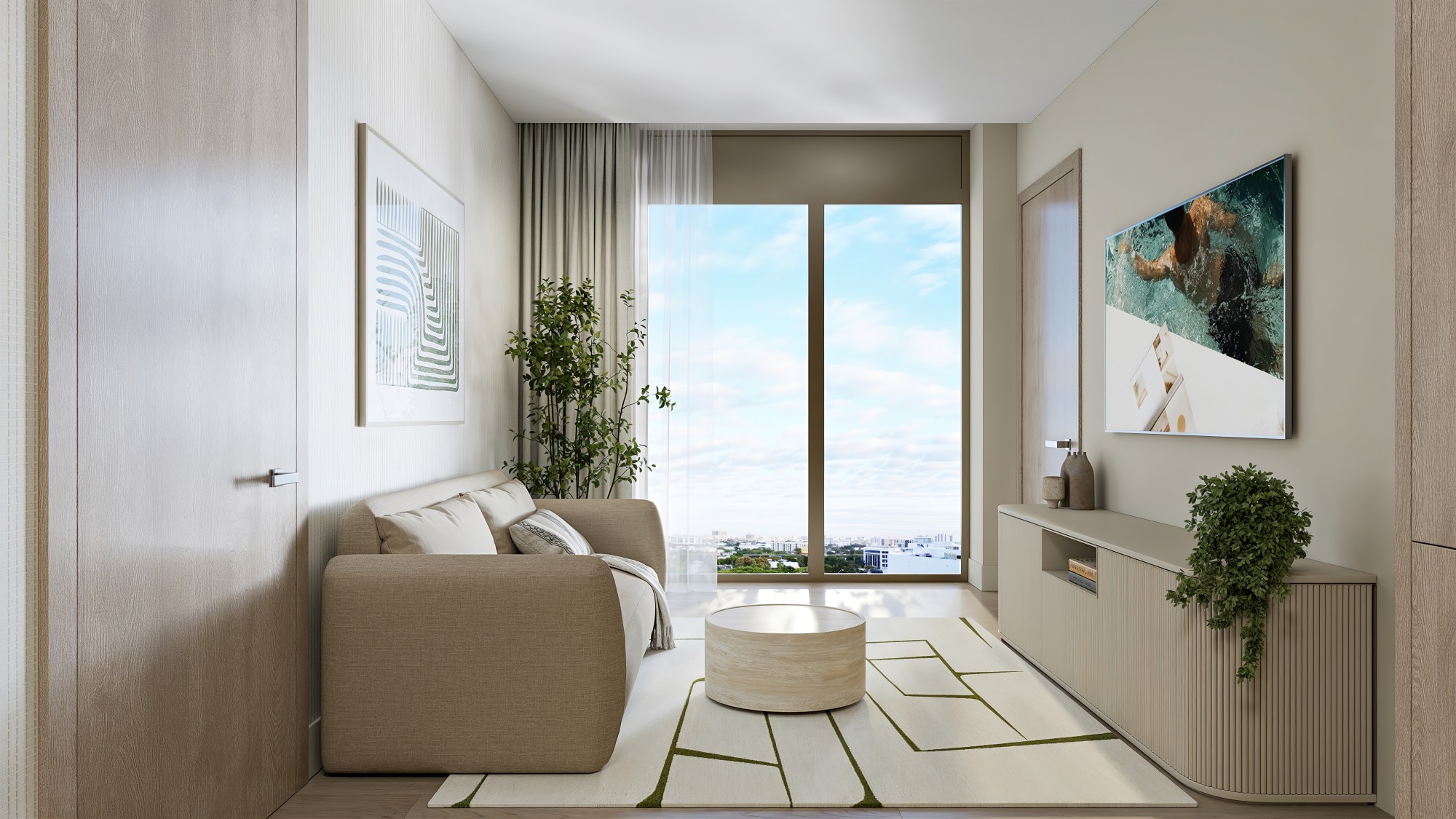 Sala de una residencia de Parkside con sofá, mesa de centro, mueble de TV y ventanal hacia la ciudad